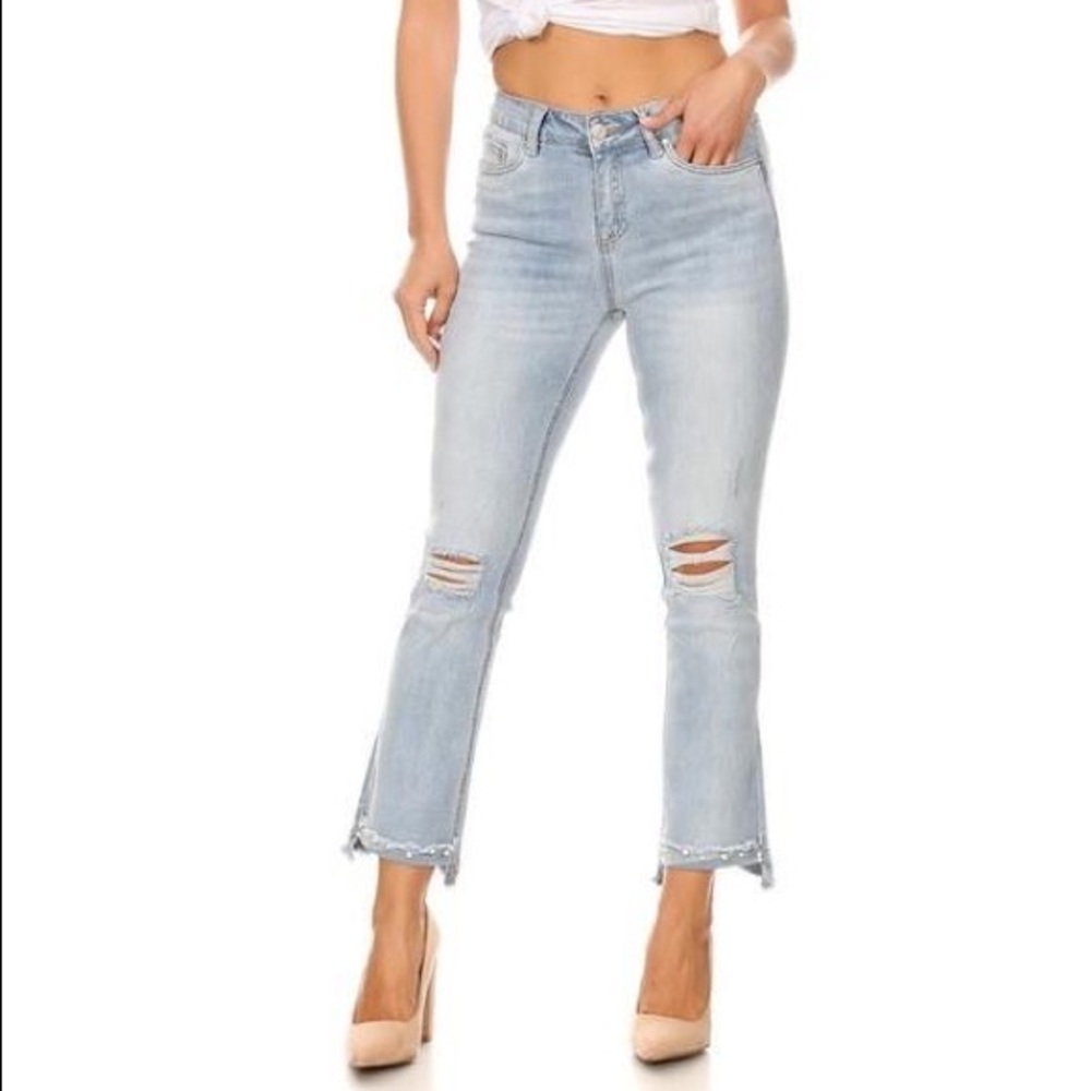 High rise pearl hem denim